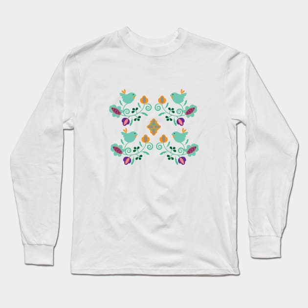 Cute Birds on Branches Pattern Long Sleeve T-Shirt by oknoki